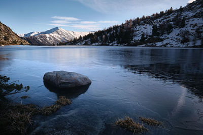 Scenic view of lake and snowcapped mountains against sky