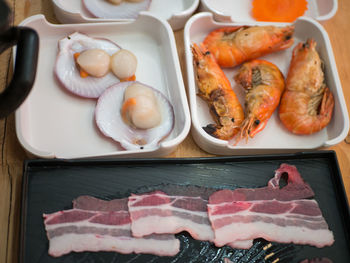 High angle view of seafood in plate on table