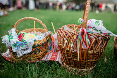 Close-up of wicker baskets