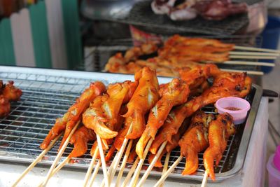 Close-up of meat on barbecue grill