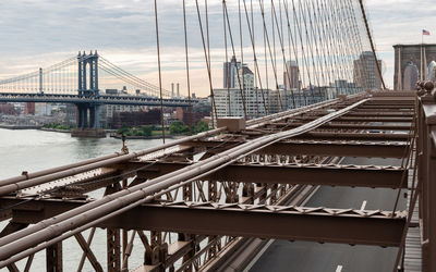 Bridge over river in city against sky