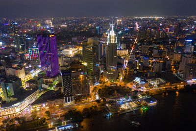 High angle view of illuminated buildings at night