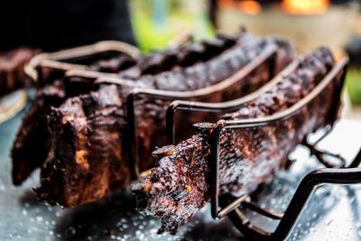 Close-up of meat on barbecue grill