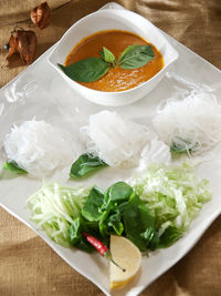 High angle view of salad in plate on table