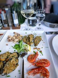 High angle view of food served on table