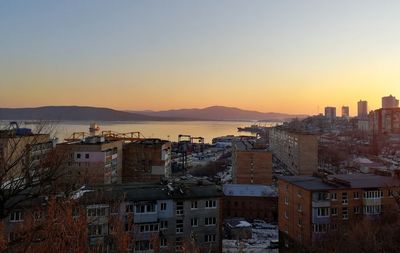 High angle view of townscape against sky during sunset