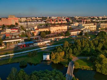 High angle view of buildings in city