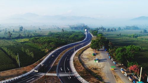 High angle view of road on mountain against sky