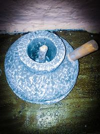 High angle view of old food on table