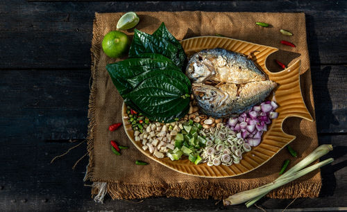 High angle view of fruits in bowl on table