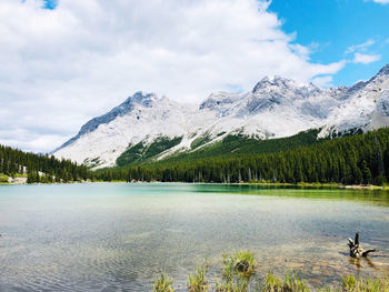 Scenic view of lake and mountains against sky