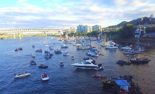 High angle view of boats moored in sea