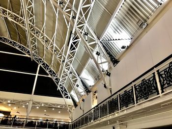 Low angle view of illuminated lights hanging on ceiling in building