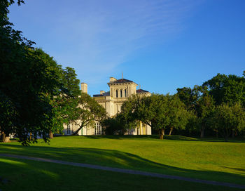 Trees and buildings against blue sky