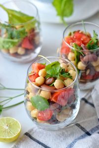 Close-up of fruit salad in glass on table