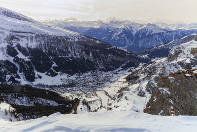 Scenic view of snow covered mountains against sky