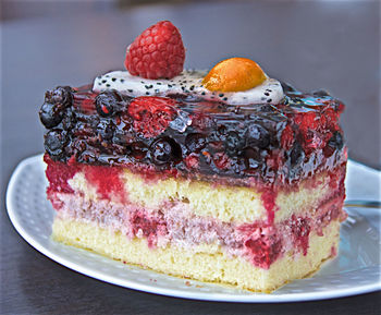 Close-up of cake served on table