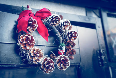 High angle view of  pine cones on wall