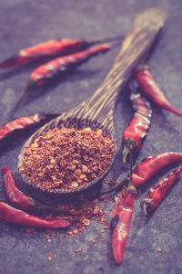 Close-up of red chili peppers in container