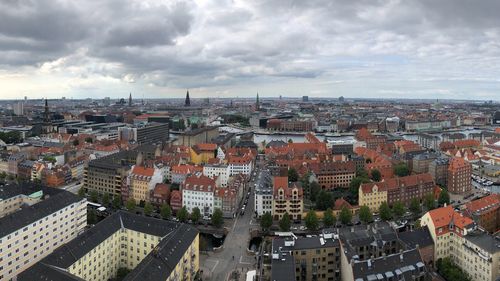 High angle shot of townscape against sky