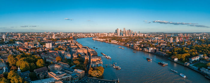 Aerial panoramic skyline view of canary wharf, the worlds leading financial district in london, uk.