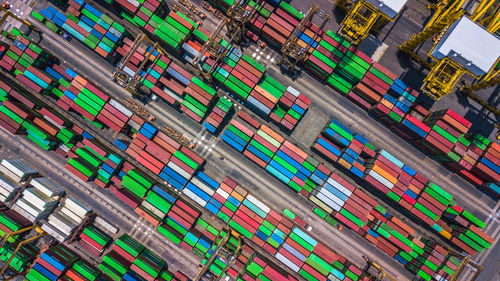 High angle view of container ship at commercial dock