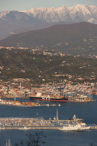 High angle view of buildings by sea against sky