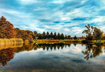 Reflection of trees in lake against sky