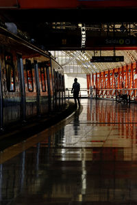 A person looking at the stationary metro.