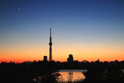 Silhouette of city at sunset