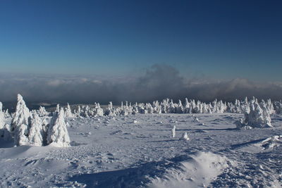 Panoramic shot of snowcapped landscape against blue sky