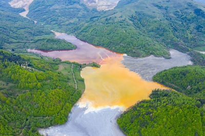 Aerial view of a big waste decanting lake, tailing pond. geamana, romania