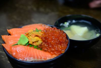 High angle view of meat in bowl on table