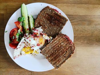 High angle view of breakfast served on table