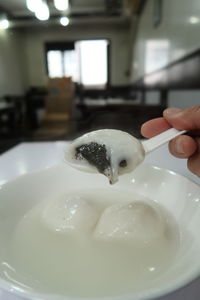 Close-up of hand holding ice cream in plate