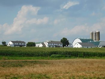 Houses on field against sky