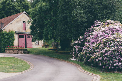 Scenic view of a blooming bush in a front yard of a traditional french barn