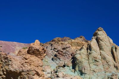 Low angle view of rock formation against clear blue sky