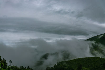 Scenic view of mountains against cloudy sky