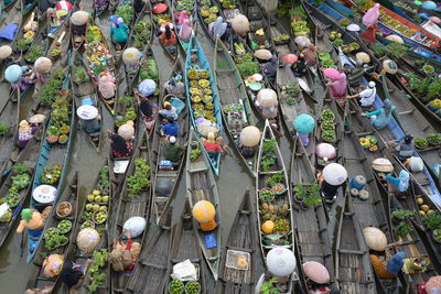 High angle view of people at floating market