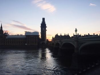 Bridge over river by buildings against sky during sunset