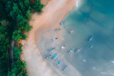 Aerial view of boats moored on sea