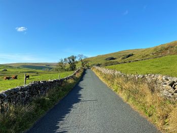 The kettlewell to halton gill road, with  stone walls, fields, cows, and hills, on a hot summer day.