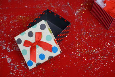 Close-up high angle view of gift boxes on table