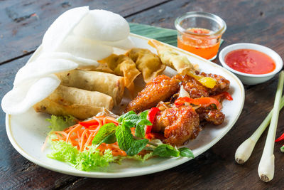 Close-up of food served on table