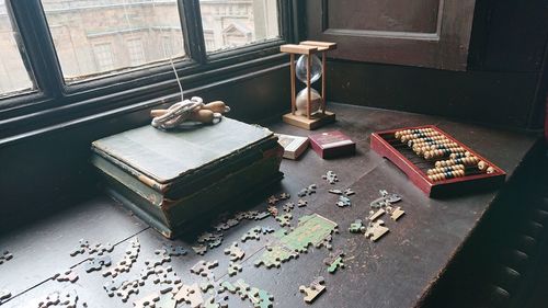 Close-up of old books on table