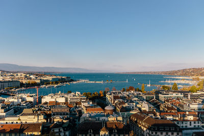 High angle view of townscape against clear sky in geneva lake
