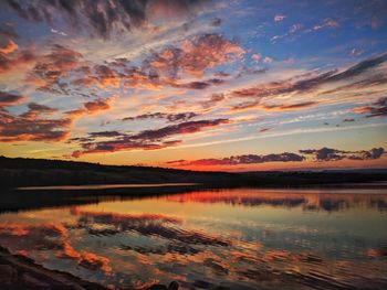 Scenic view of lake against romantic sky at sunset