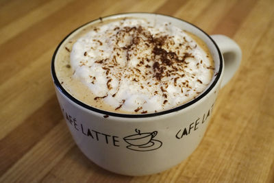 High angle view of coffee on table