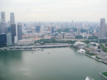 Aerial view of cityscape and river against sky